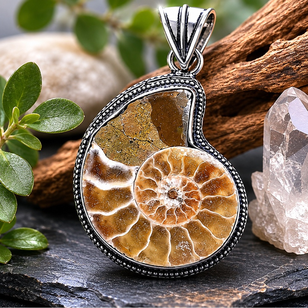 Ammonite Fossil • Pendant“Ancient” Artisan Handcrafted Natural Spiral Details
